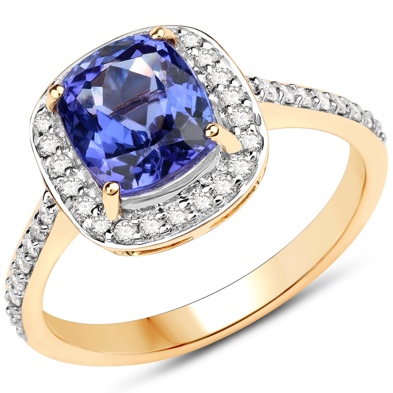 14K Yellow Gold 2.86 Carat Genuine Tanzanite and White Diamond Ring