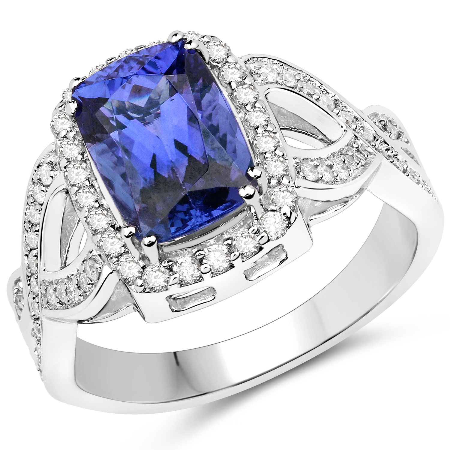 14K White Gold 3.42 Carat Genuine Tanzanite and White Diamond Ring