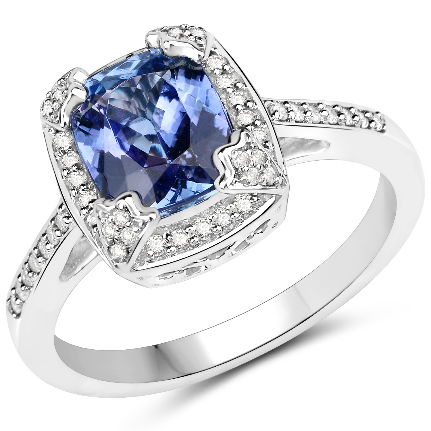 14K White Gold 2.44 Carat Genuine Tanzanite and White Diamond Ring