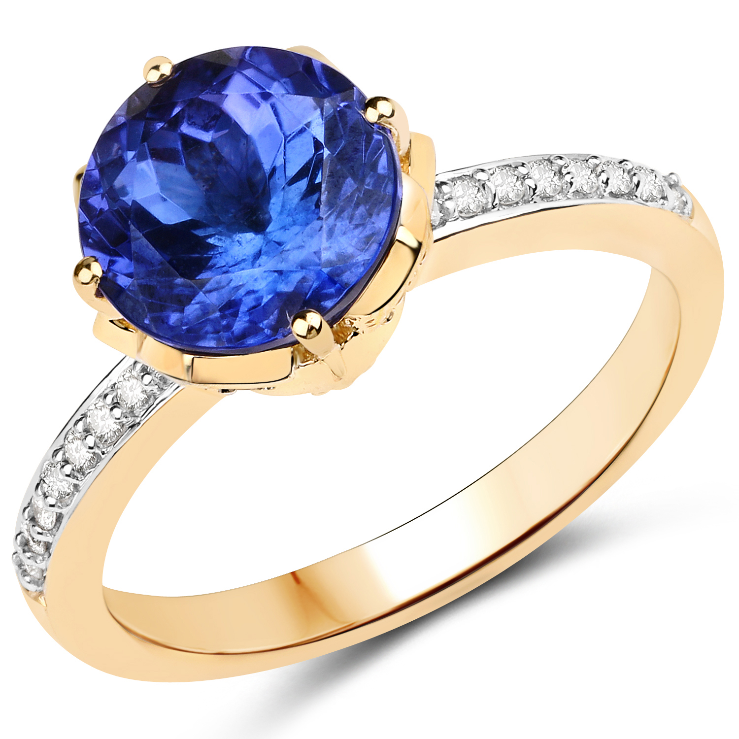 14K Yellow Gold 3.22 Carat Genuine Tanzanite and White Diamond Ring