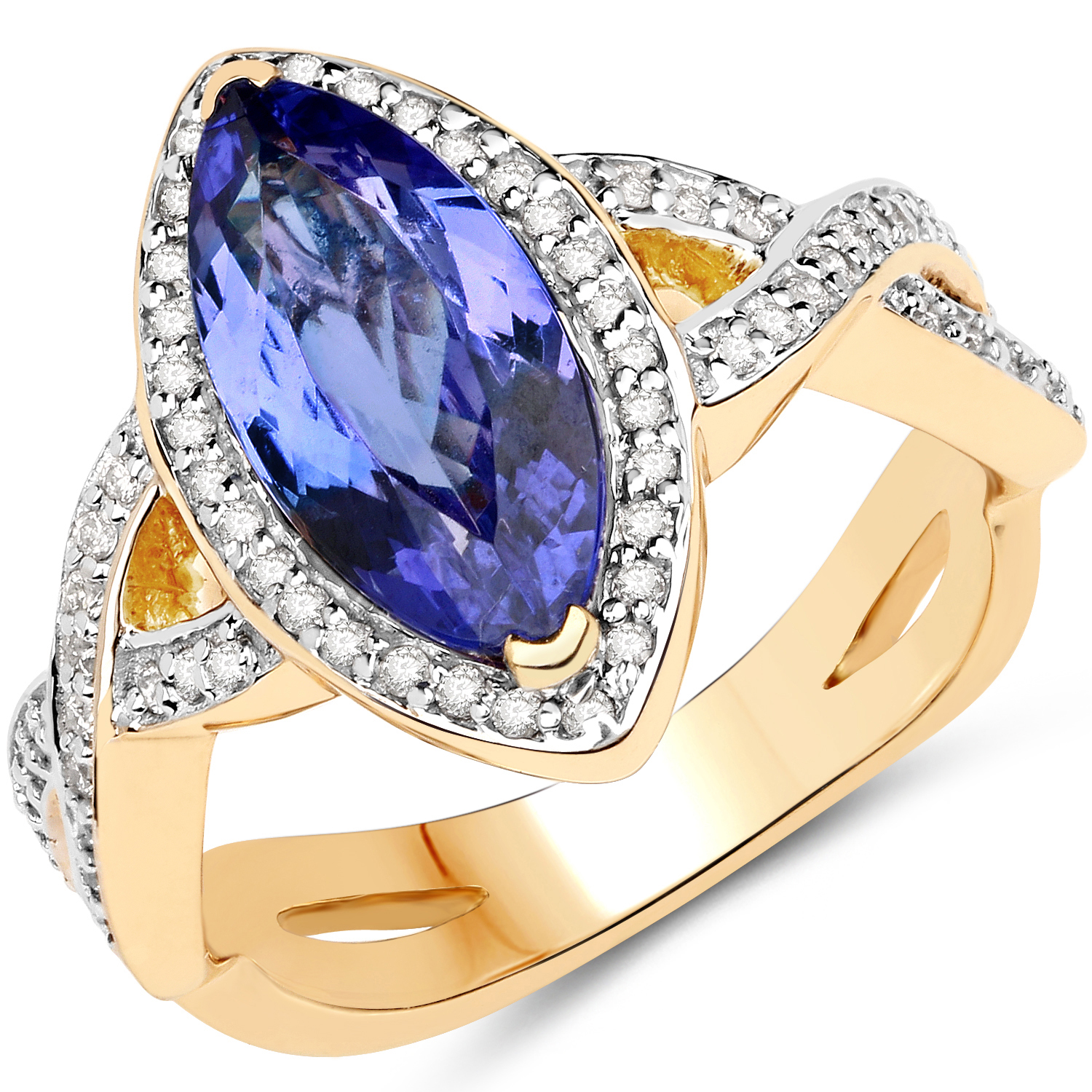 14K Yellow Gold 2.58 Carat Genuine Tanzanite and White Diamond Ring