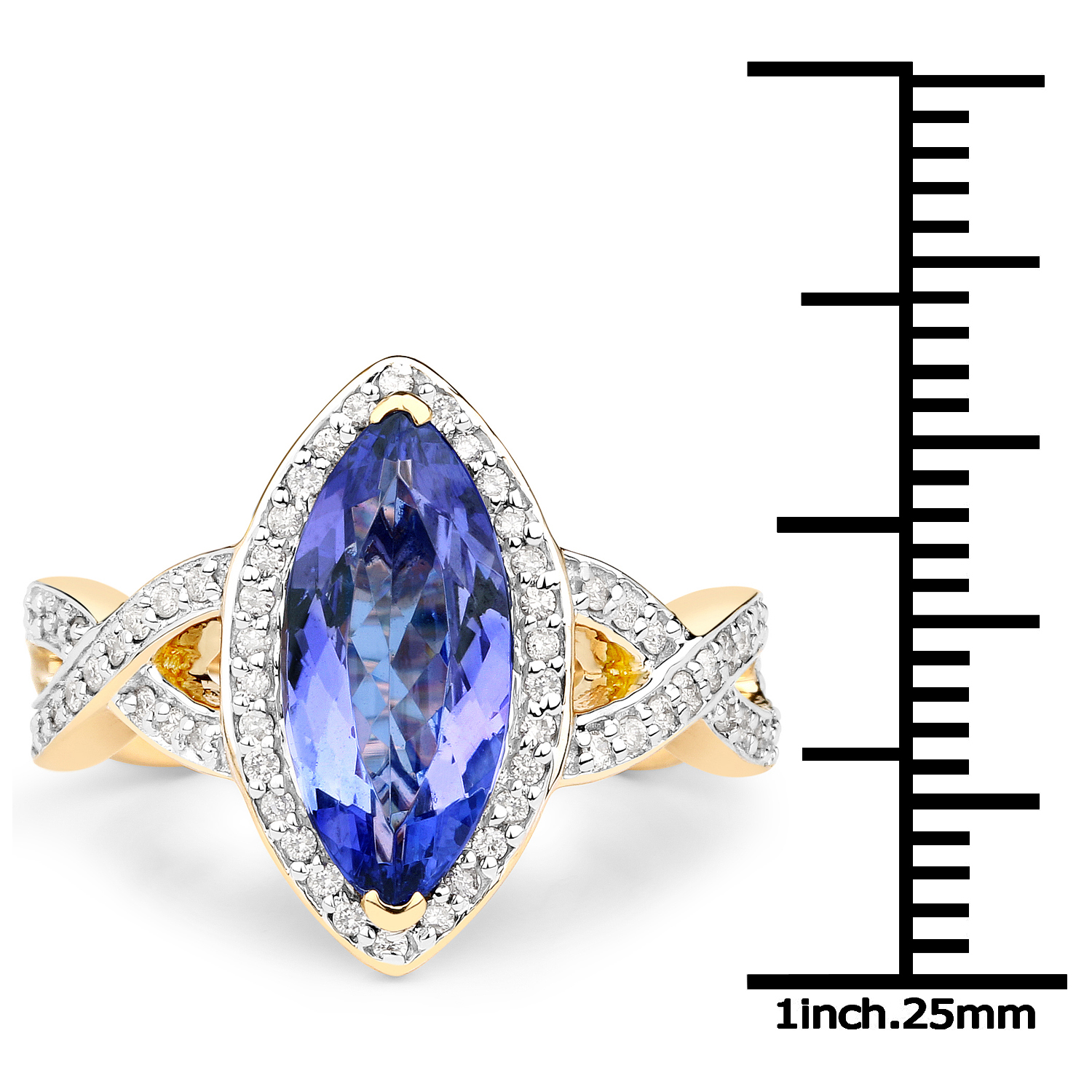 14K Yellow Gold 2.58 Carat Genuine Tanzanite and White Diamond Ring