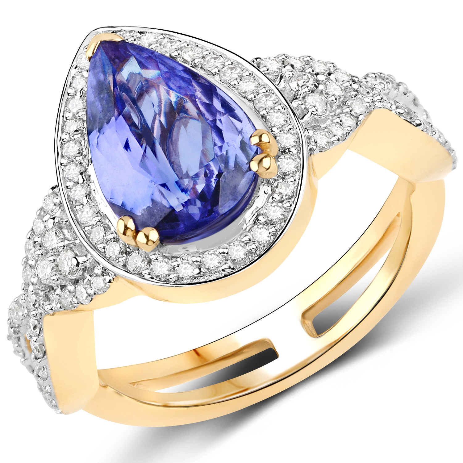 14K Yellow Gold 2.74 Carat Genuine Tanzanite and White Diamond Ring