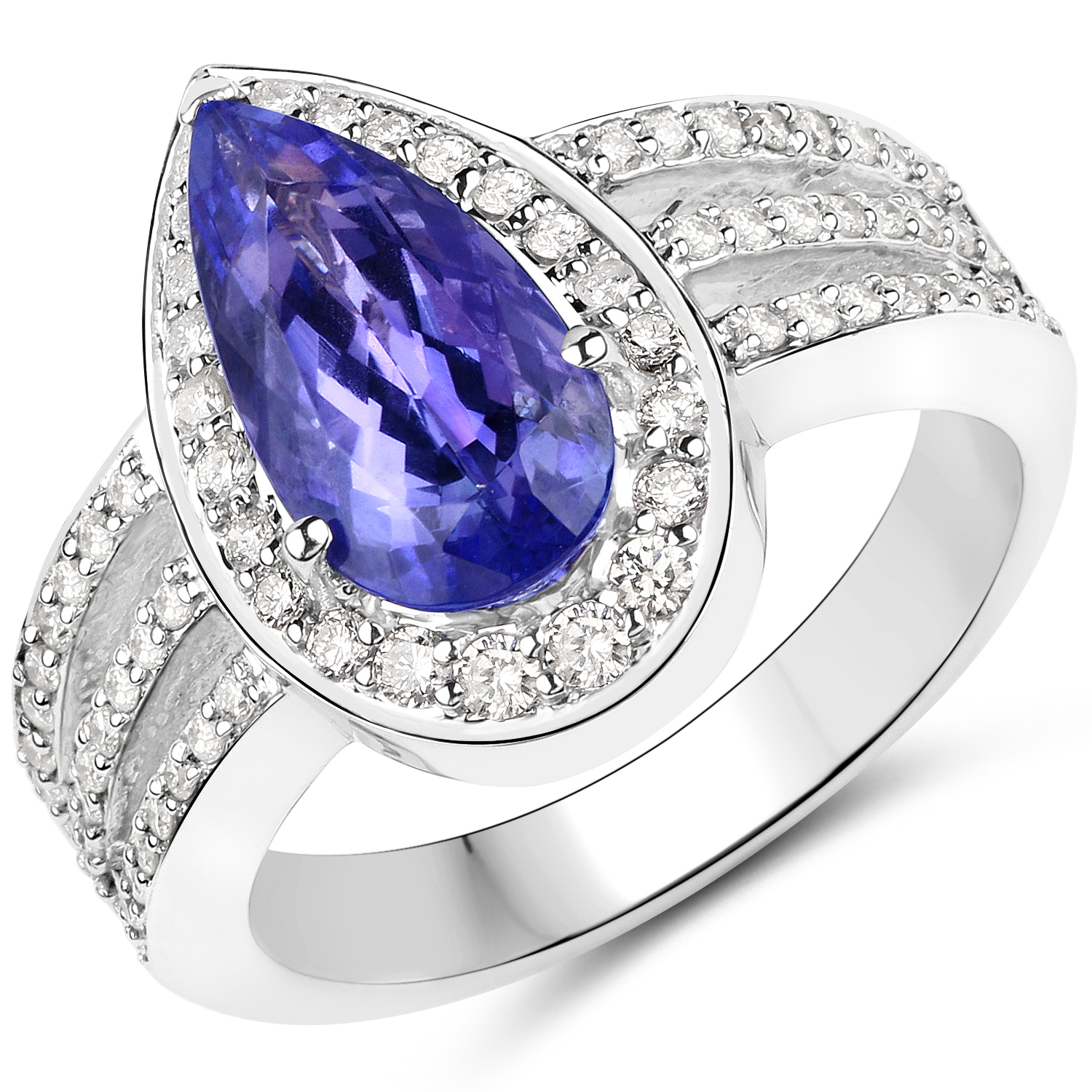 14K White Gold 3.18 Carat Genuine Tanzanite and White Diamond Ring