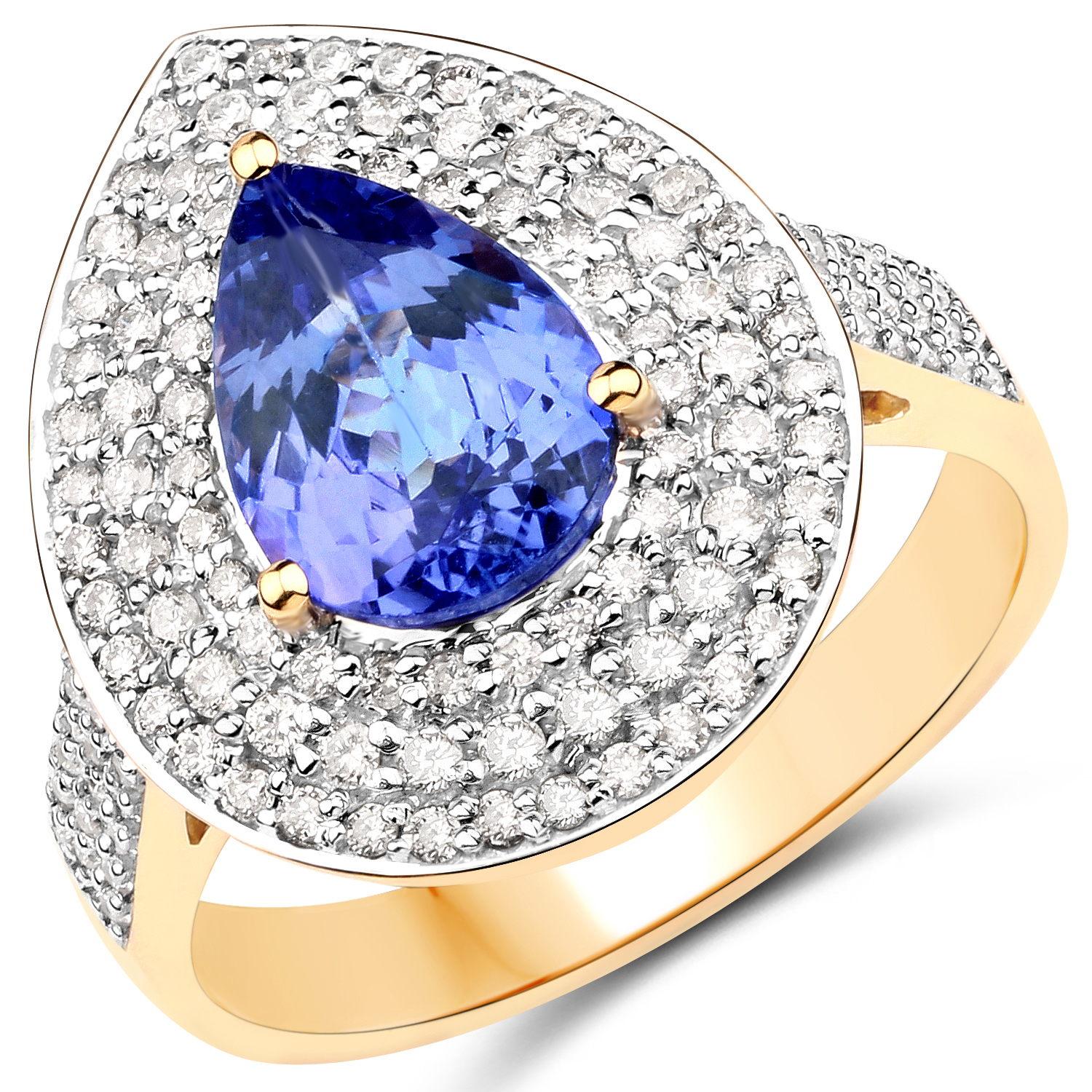 14K Yellow Gold 2.57 Carat Genuine Tanzanite and White Diamond Ring