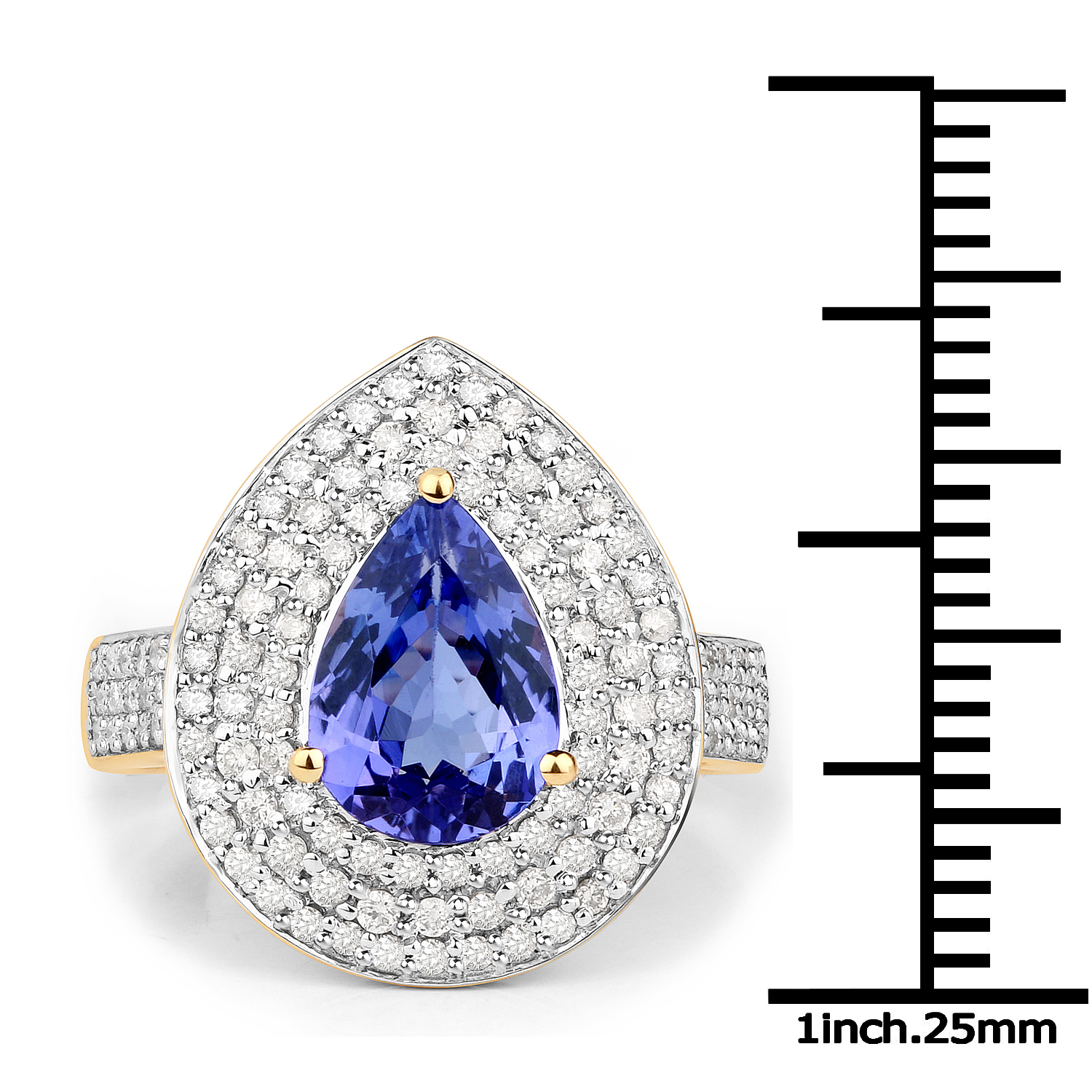 14K Yellow Gold 2.57 Carat Genuine Tanzanite and White Diamond Ring