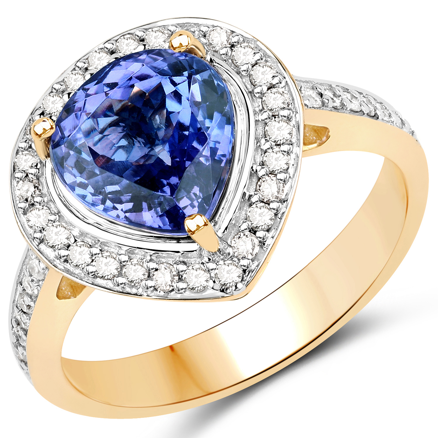 14K Yellow Gold 3.58 Carat Genuine Tanzanite and White Diamond Ring
