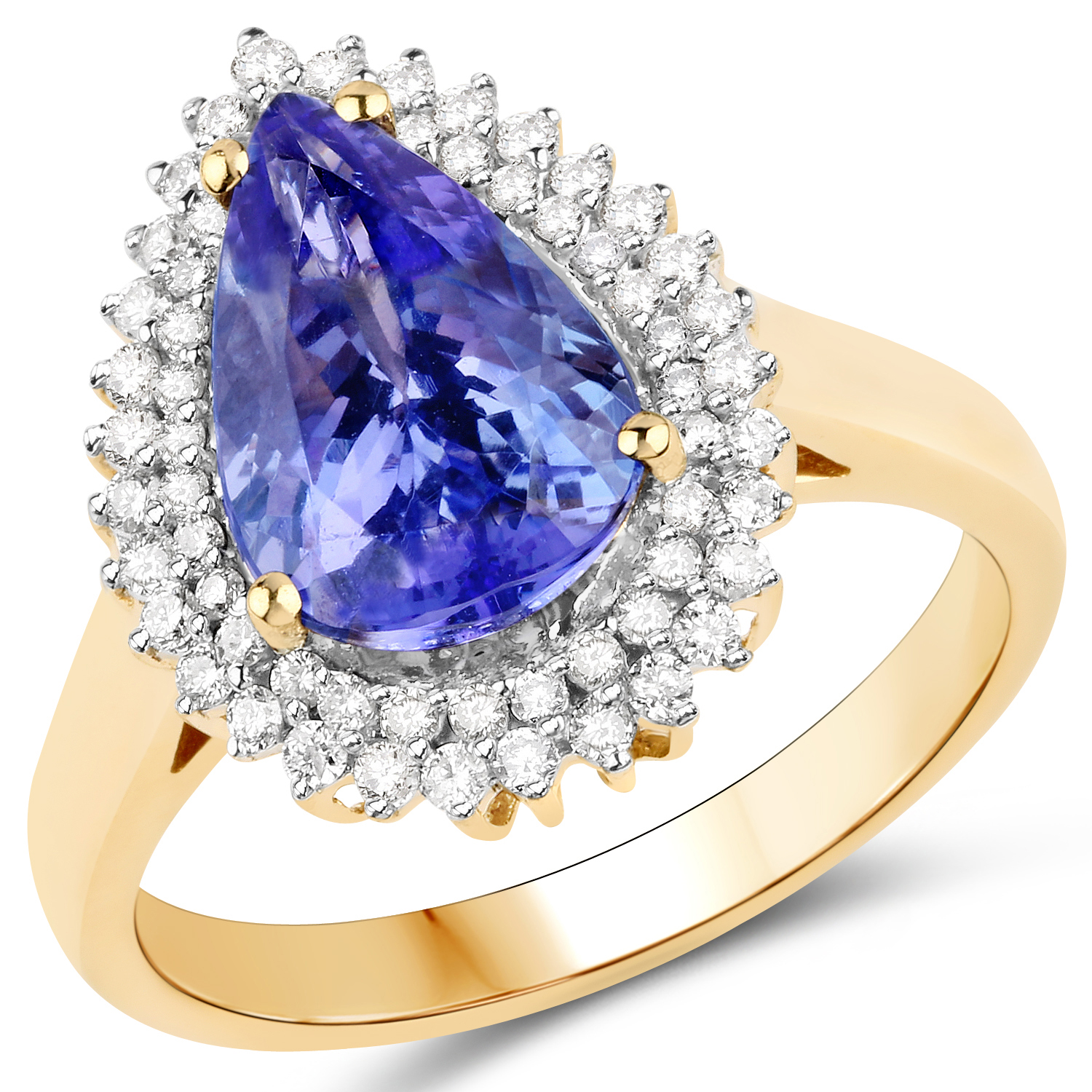 14K Yellow Gold 3.36 Carat Genuine Tanzanite and White Diamond Ring