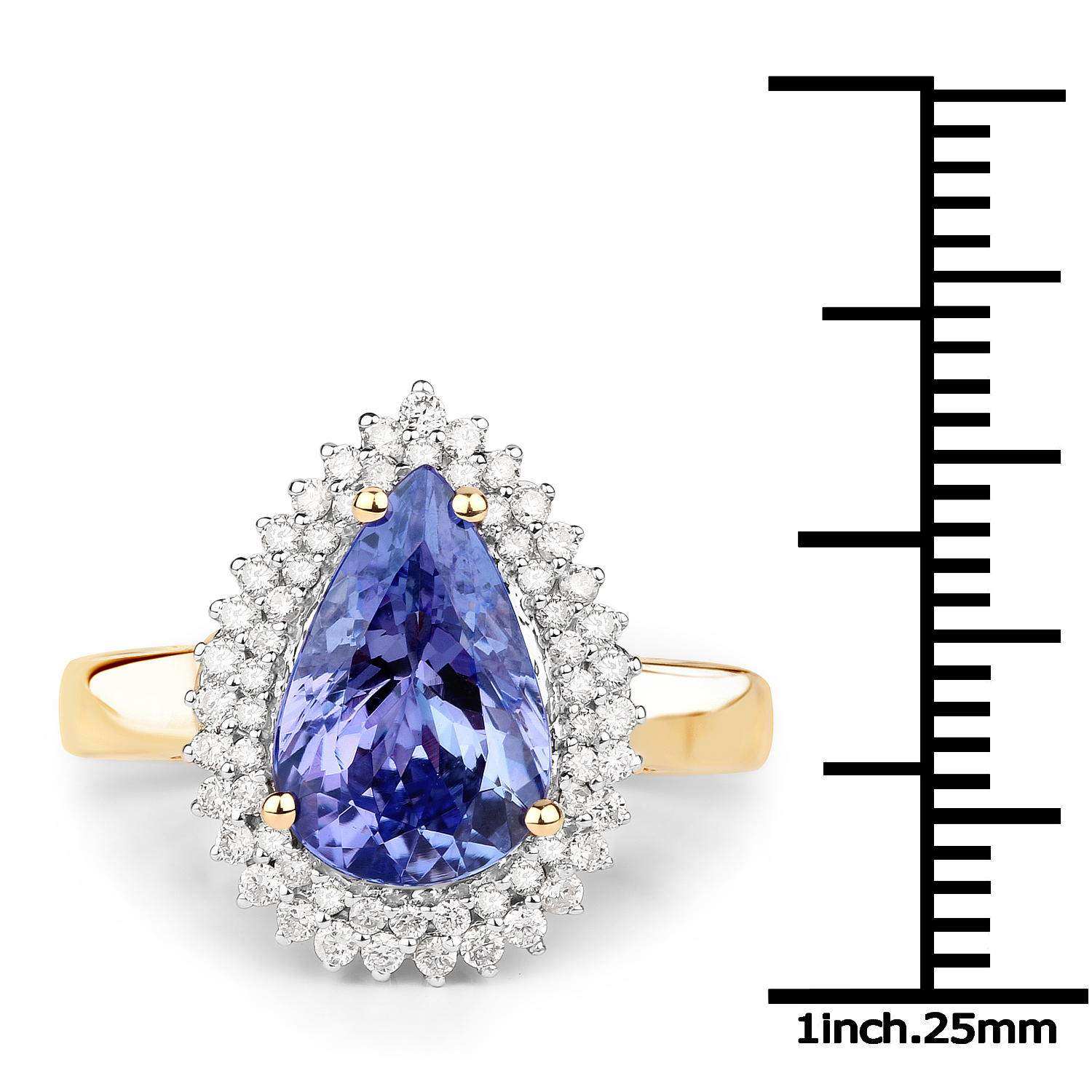 14K Yellow Gold 3.36 Carat Genuine Tanzanite and White Diamond Ring