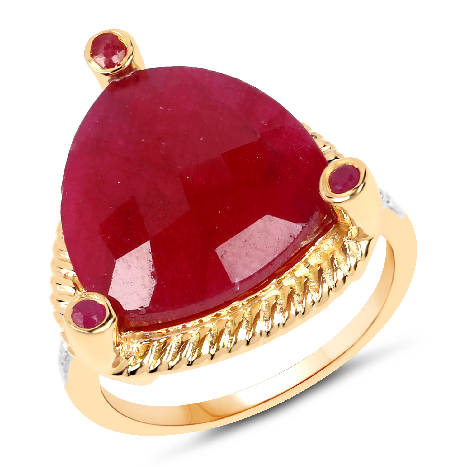 14K Yellow Gold Plated 11.08 Carat Dyed Ruby and White Diamond .925 Sterling Silver Ring