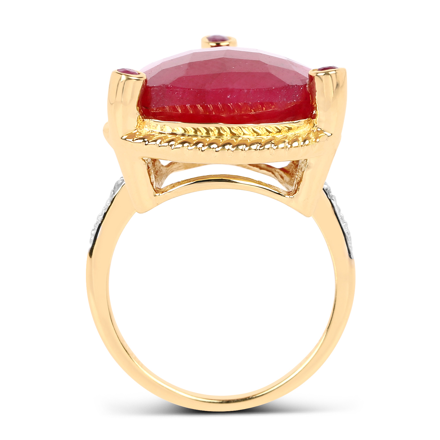 14K Yellow Gold Plated 11.08 Carat Dyed Ruby and White Diamond .925 Sterling Silver Ring