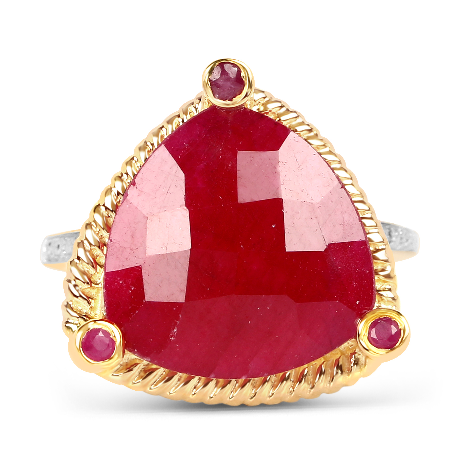 14K Yellow Gold Plated 11.08 Carat Dyed Ruby and White Diamond .925 Sterling Silver Ring