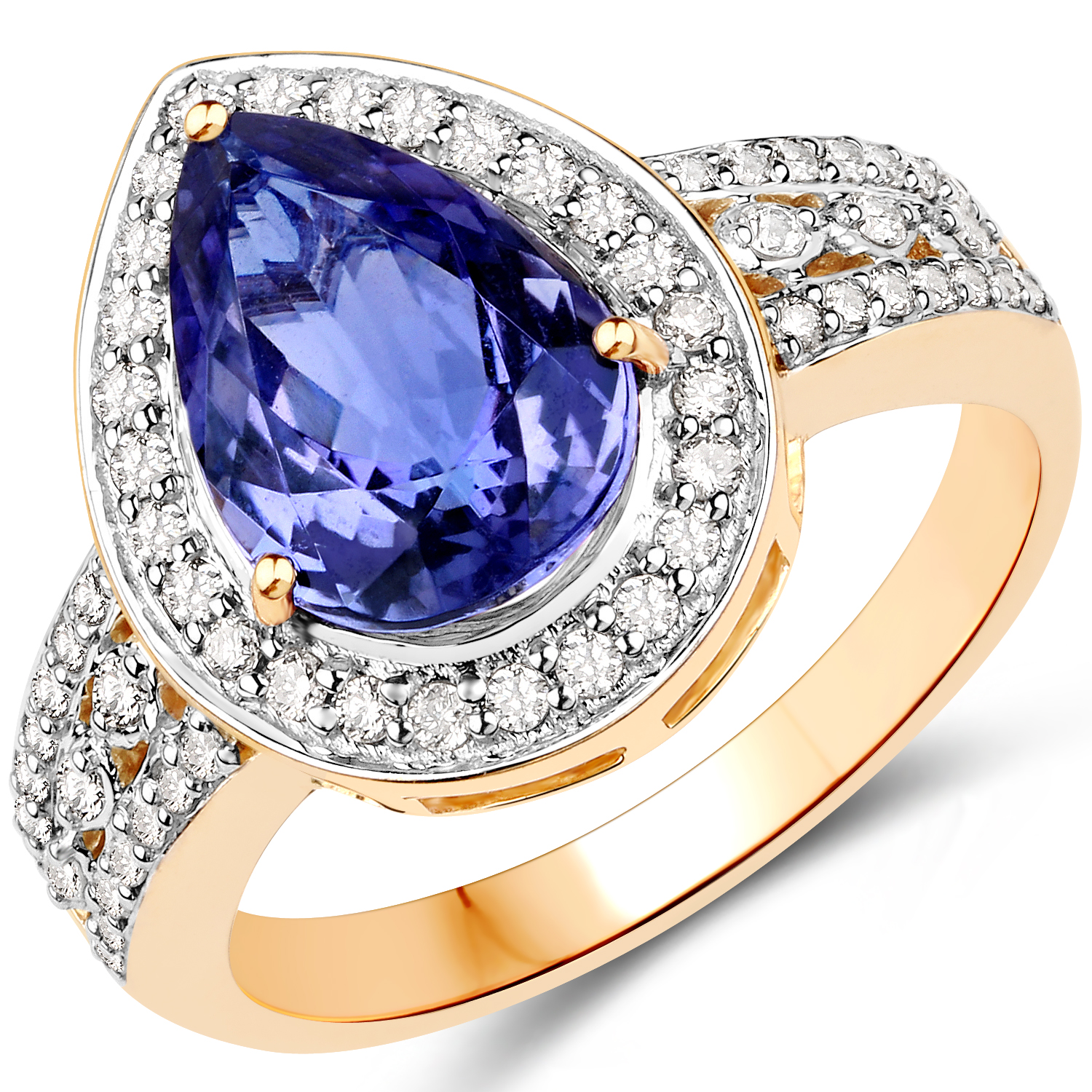 14K Yellow Gold 3.40 Carat Genuine Tanzanite and White Diamond Ring