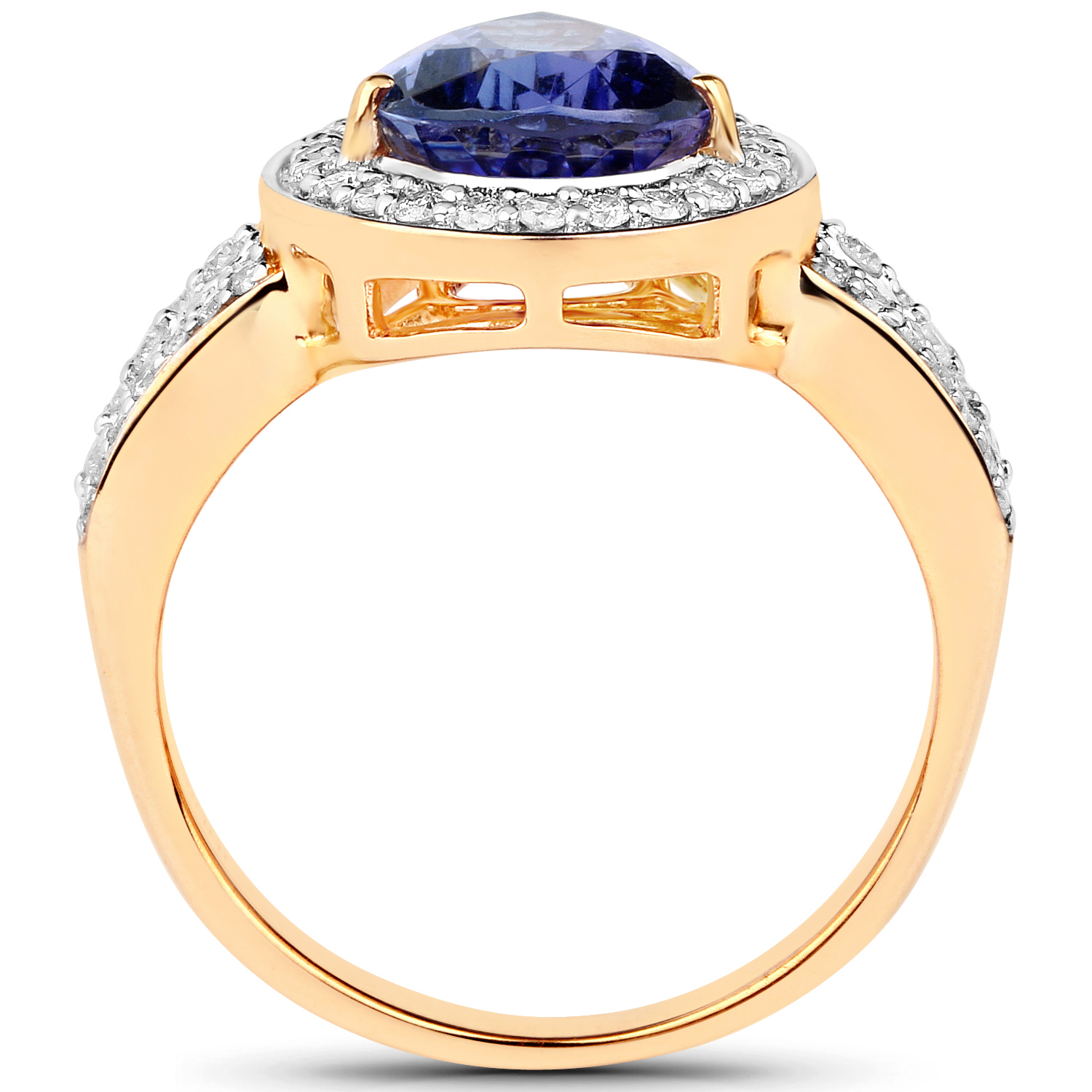 14K Yellow Gold 3.40 Carat Genuine Tanzanite and White Diamond Ring