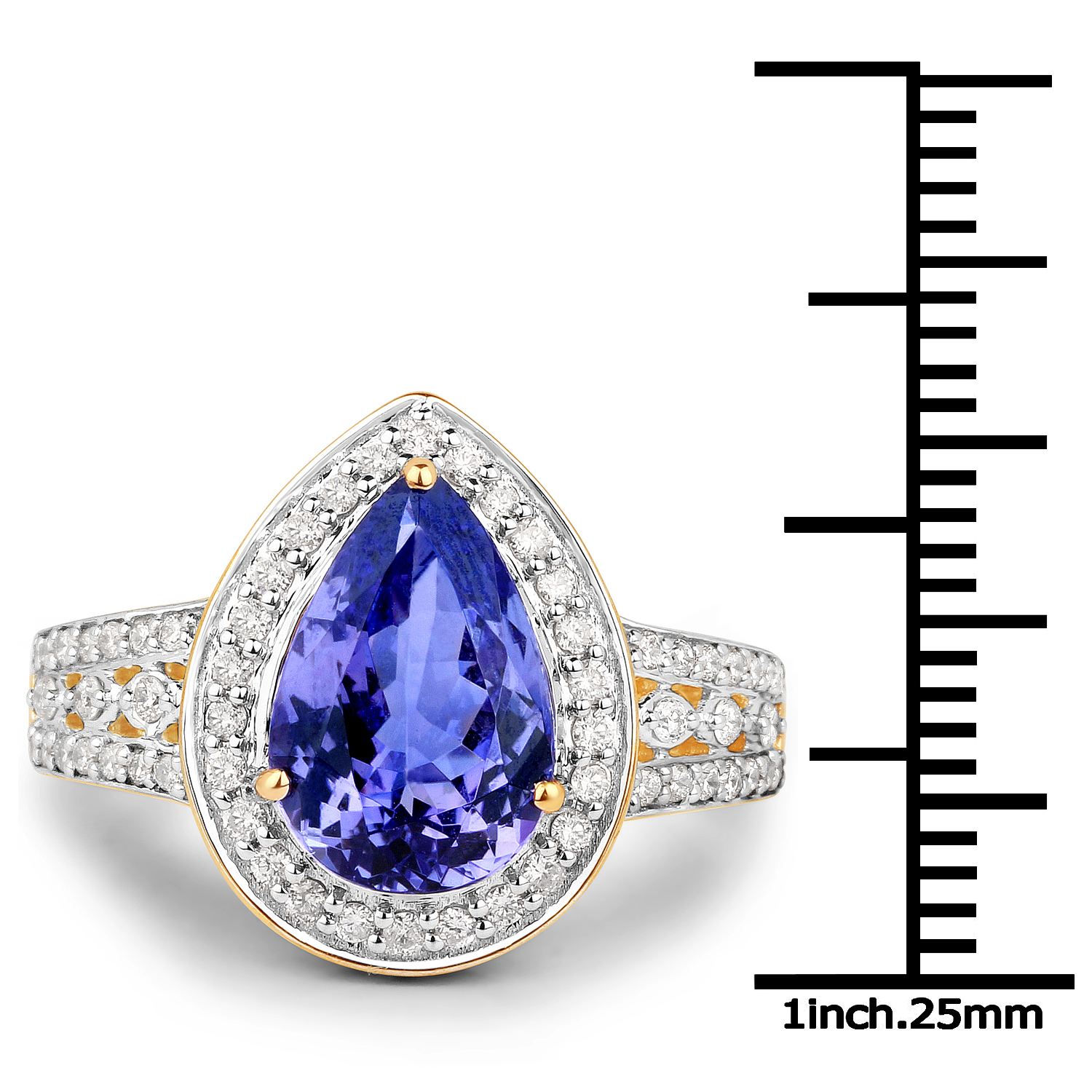14K Yellow Gold 3.40 Carat Genuine Tanzanite and White Diamond Ring