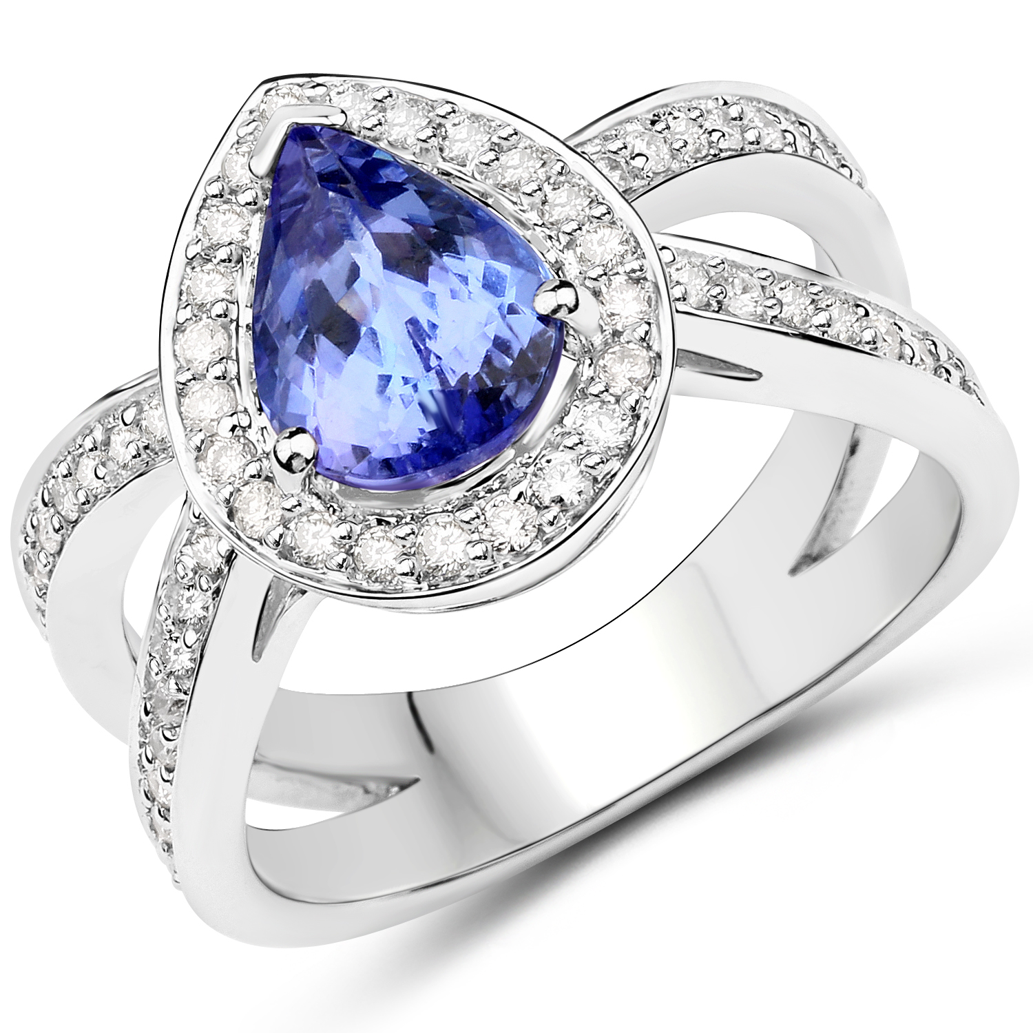 14K White Gold 2.38 Carat Genuine Tanzanite and White Diamond Ring