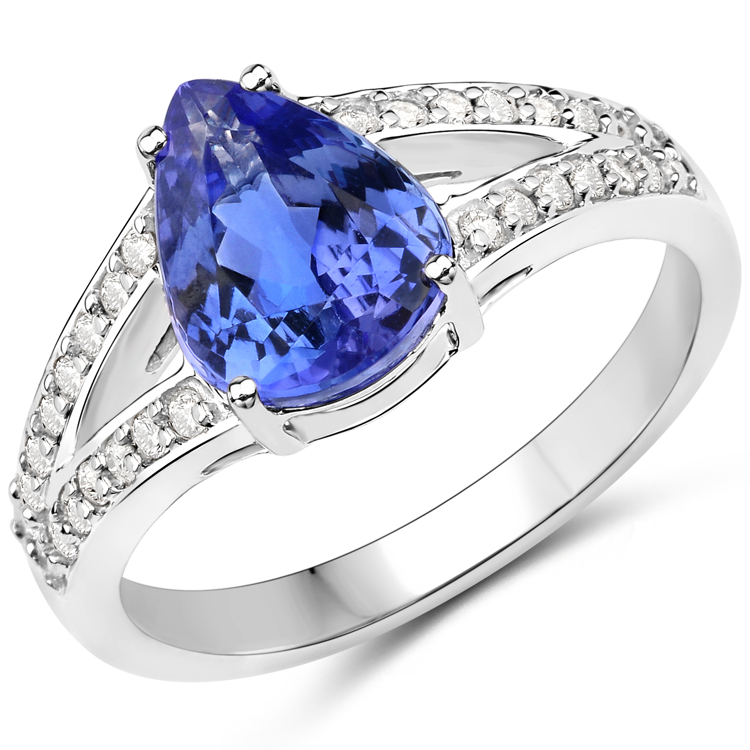 14K White Gold 2.60 Carat Genuine Tanzanite and White Diamond Ring
