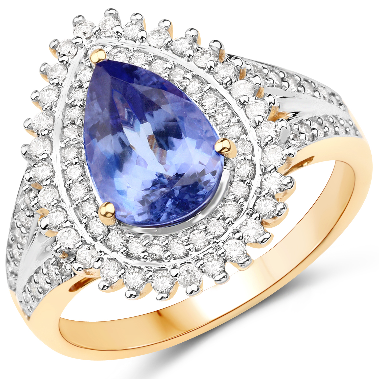 14K Yellow Gold 2.60 Carat Genuine Tanzanite and White Diamond Ring
