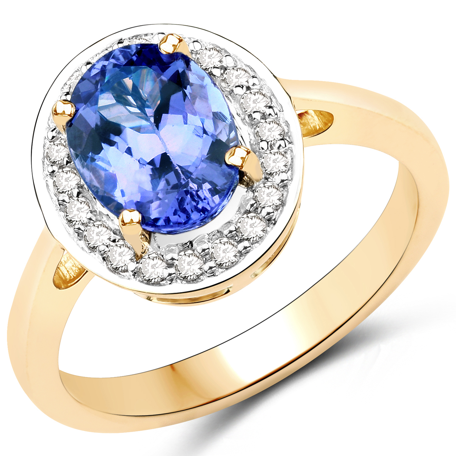 14K Yellow Gold 2.20 Carat Genuine Tanzanite and White Diamond Ring