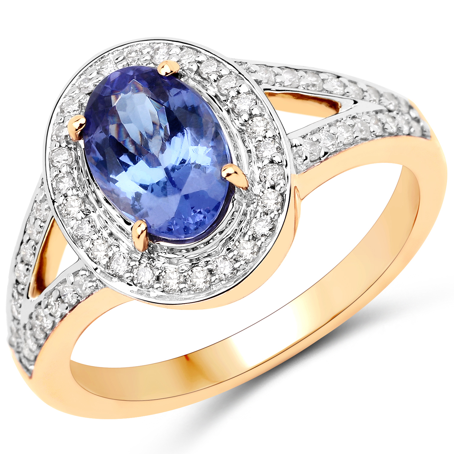 14K Yellow Gold 1.79 Carat Genuine Tanzanite and White Diamond Ring