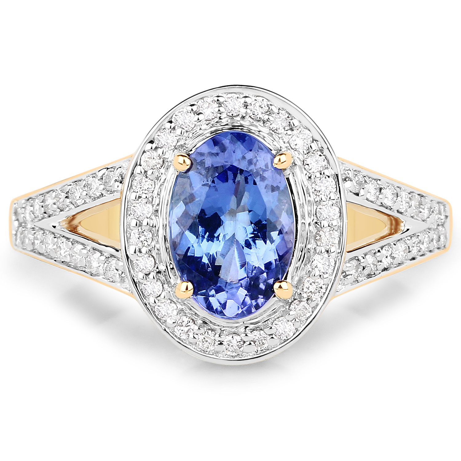 14K Yellow Gold 1.79 Carat Genuine Tanzanite and White Diamond Ring