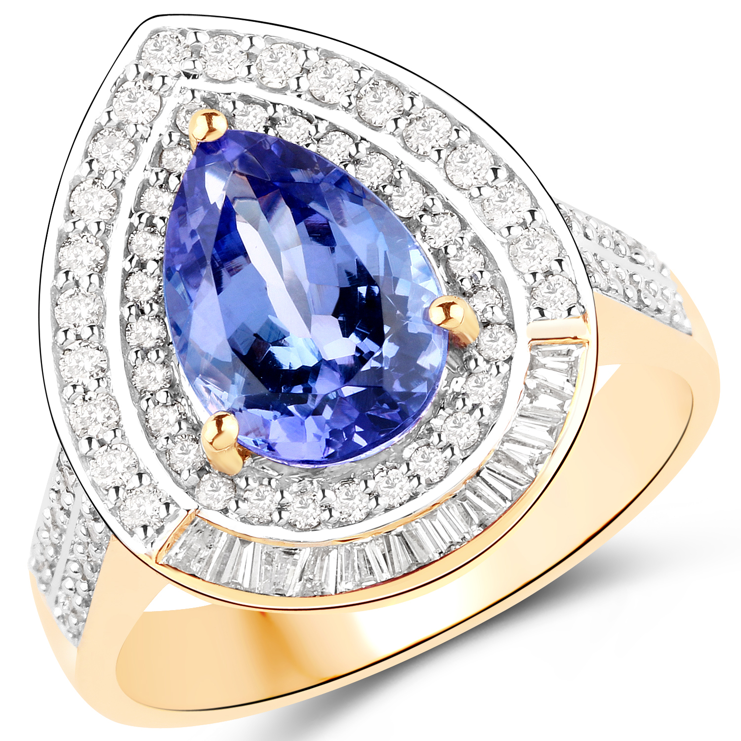 14K Yellow Gold 3.13 Carat Genuine Tanzanite and White Diamond Ring