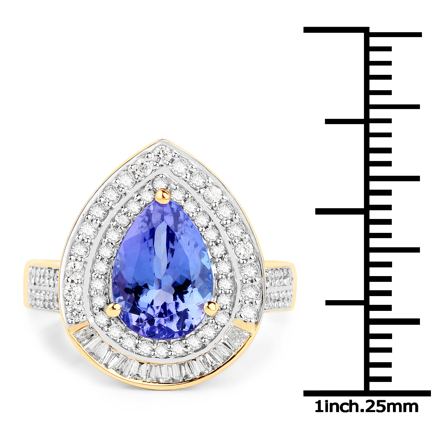 14K Yellow Gold 3.13 Carat Genuine Tanzanite and White Diamond Ring