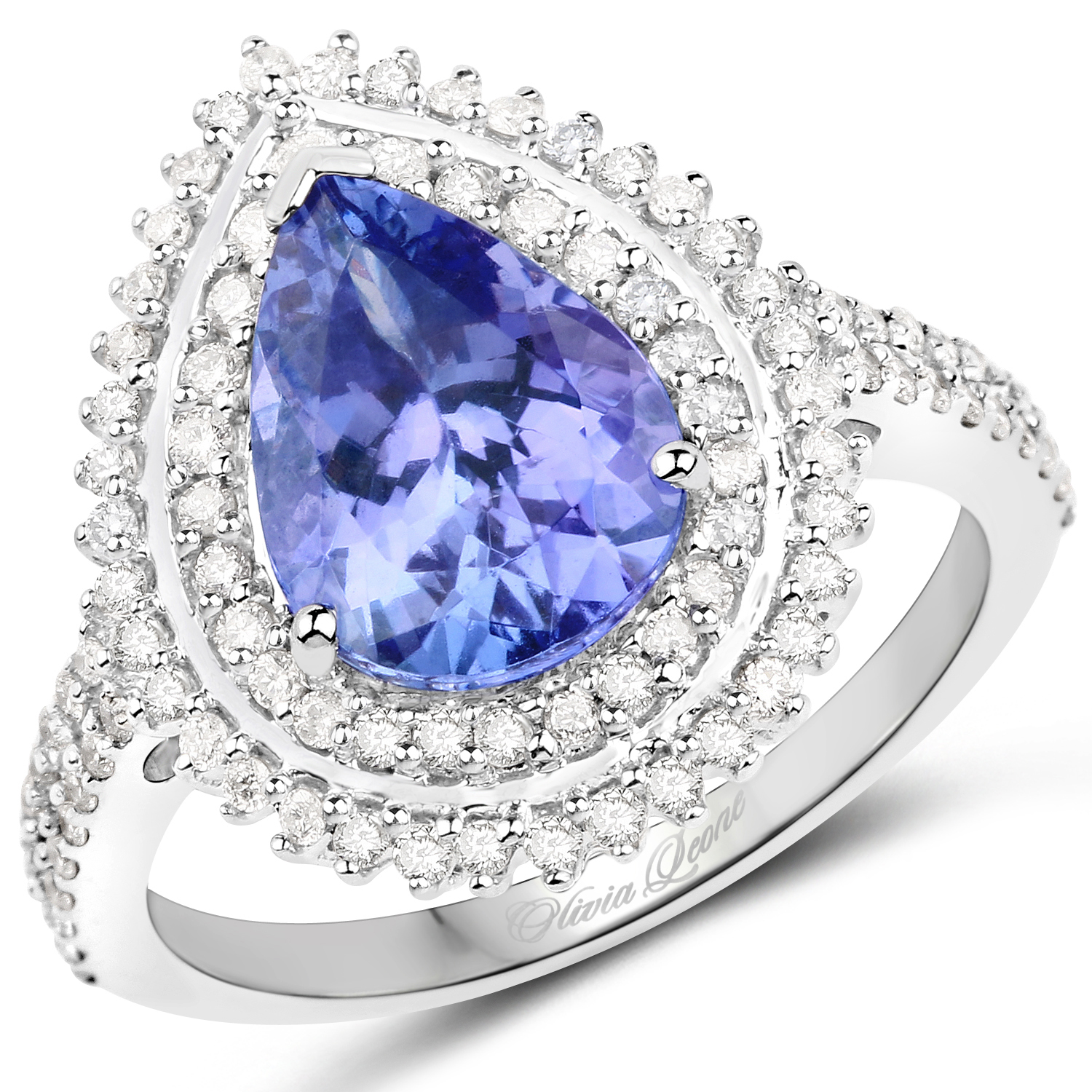 14K White Gold 3.25 Carat Genuine Tanzanite and White Diamond Ring