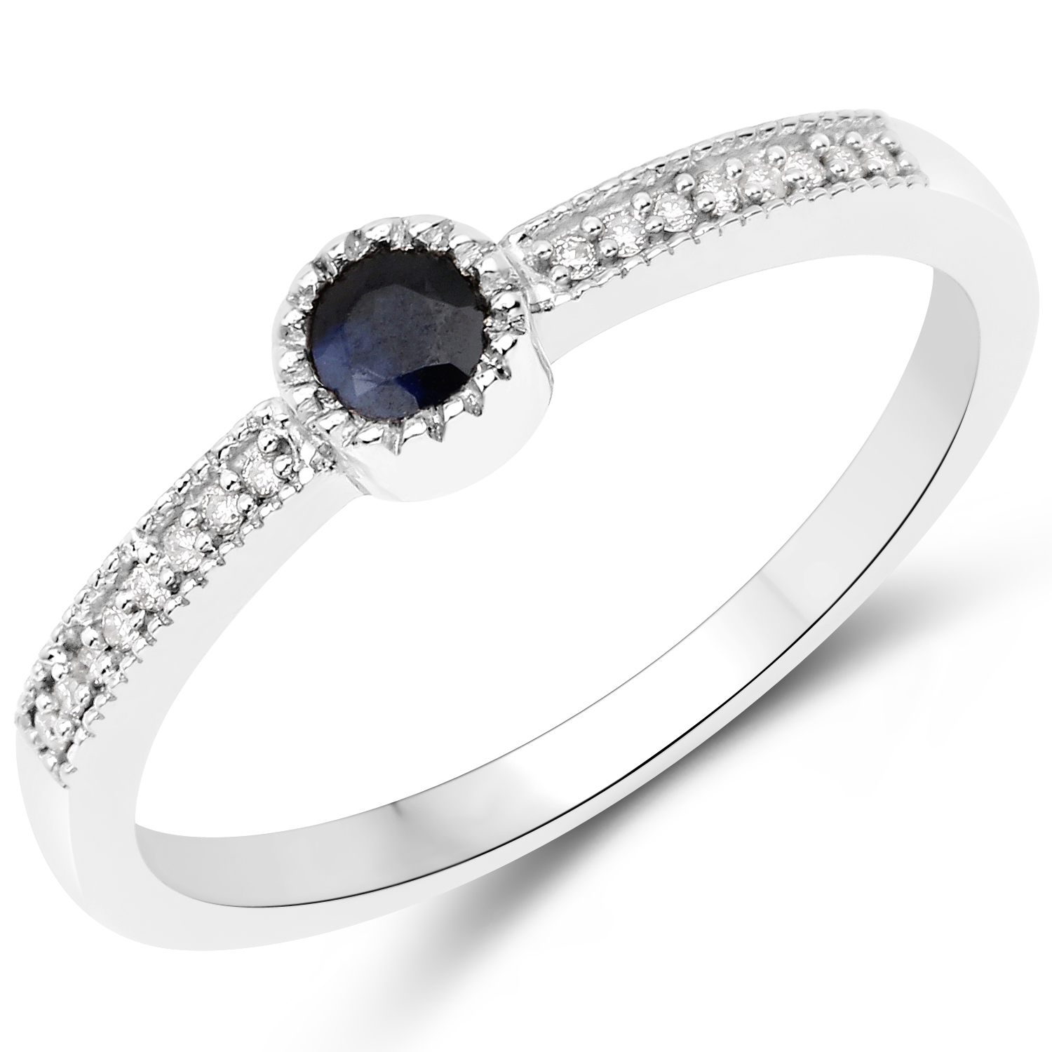 0.17 Carat Genuine Blue Sapphire and White Diamond 14K White Gold Ring