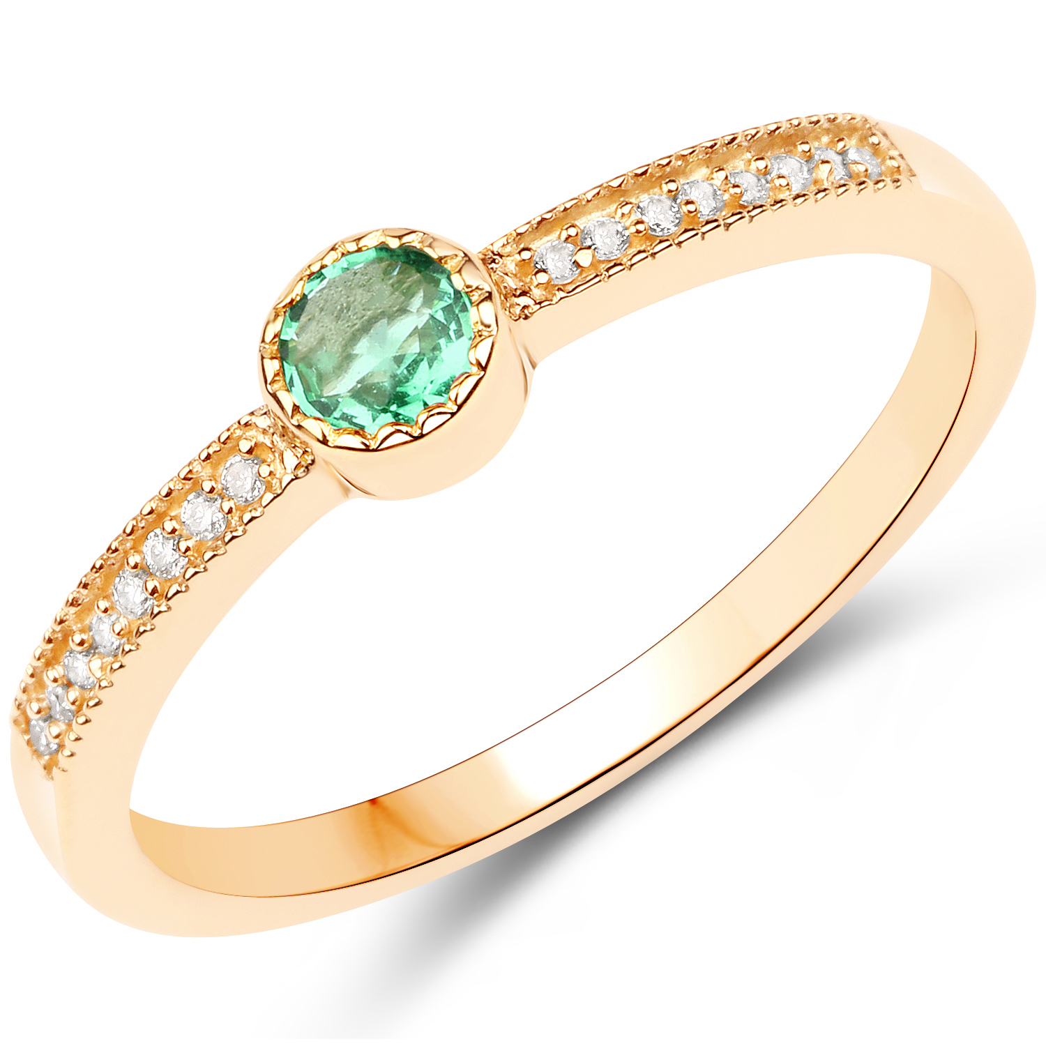 0.15 Carat Genuine Zambian Emerald and White Diamond 18K Yellow Gold Ring