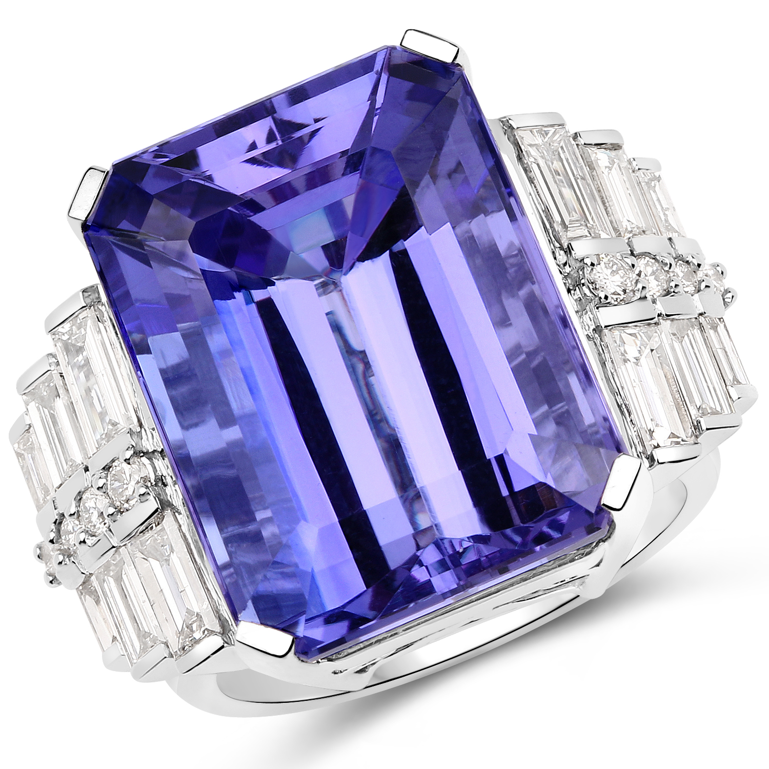 29.45 Carat Genuine Tanzanite and White Diamond 18K White Gold Ring