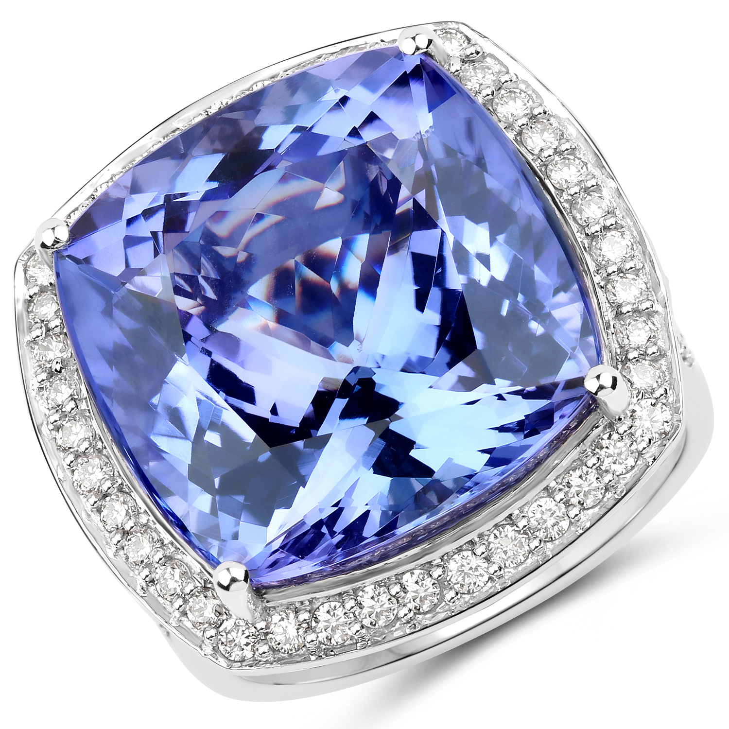 25.70 Carat Genuine Tanzanite and White Diamond 18K White Gold Ring