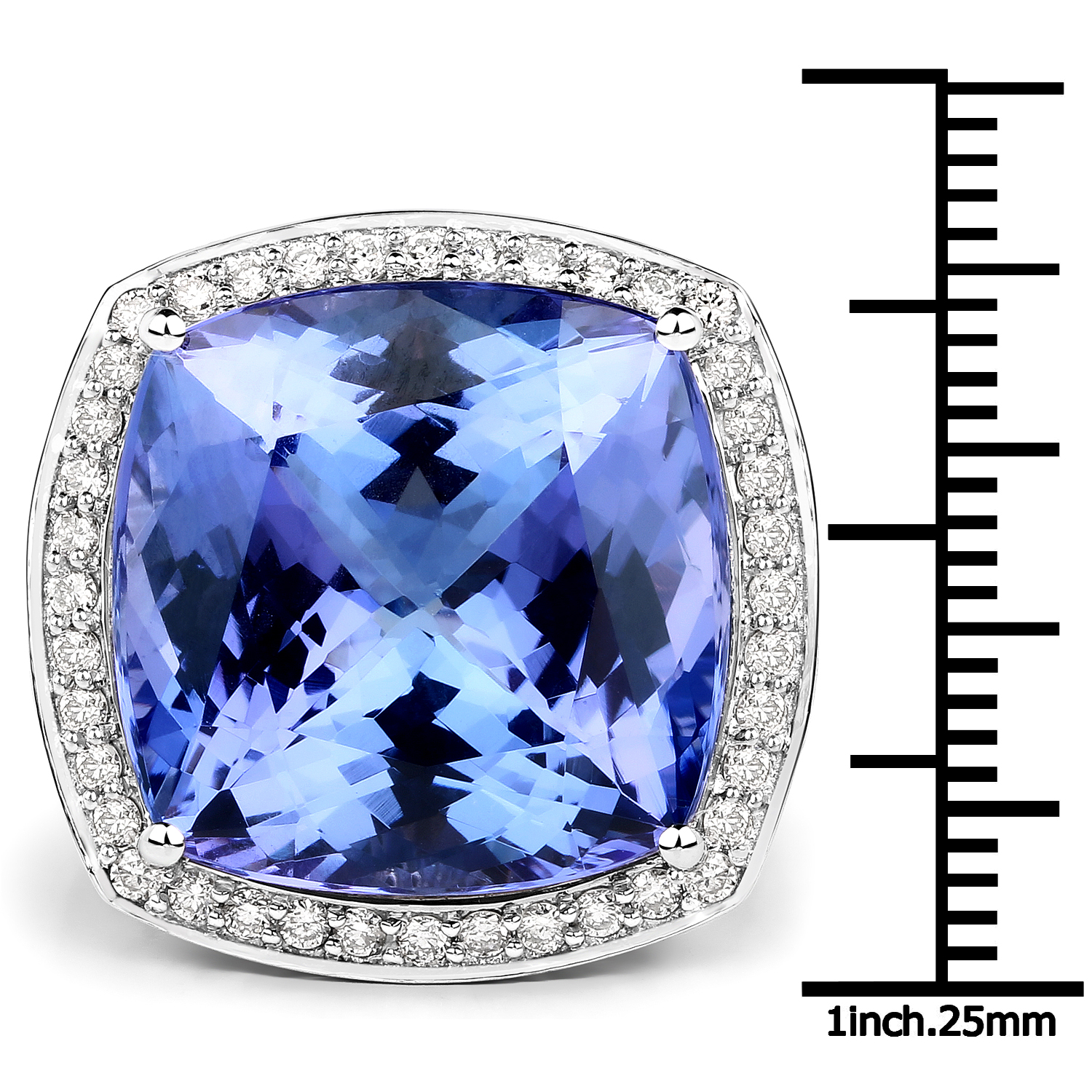 25.70 Carat Genuine Tanzanite and White Diamond 18K White Gold Ring