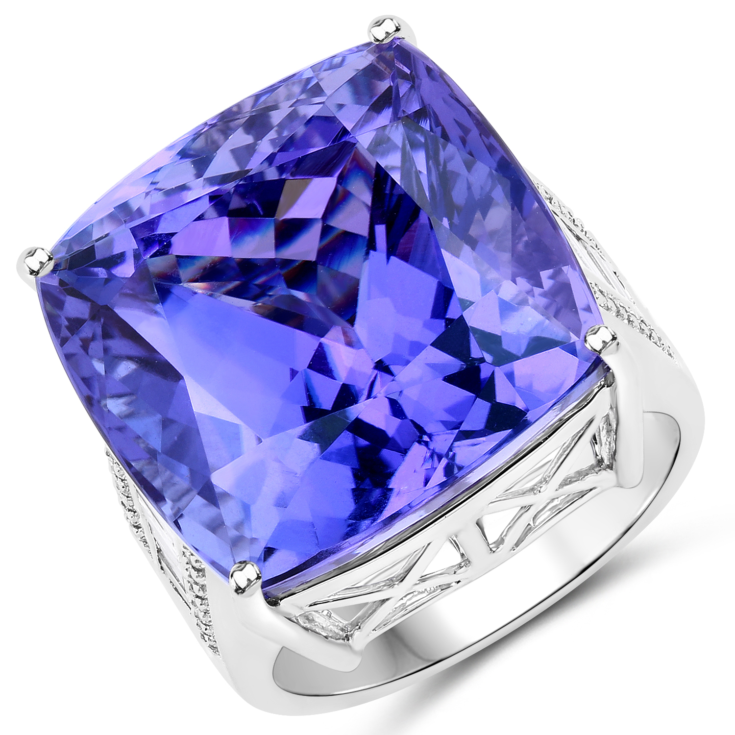 40.19 Carat Genuine Tanzanite and White Diamond 18K White Gold Ring