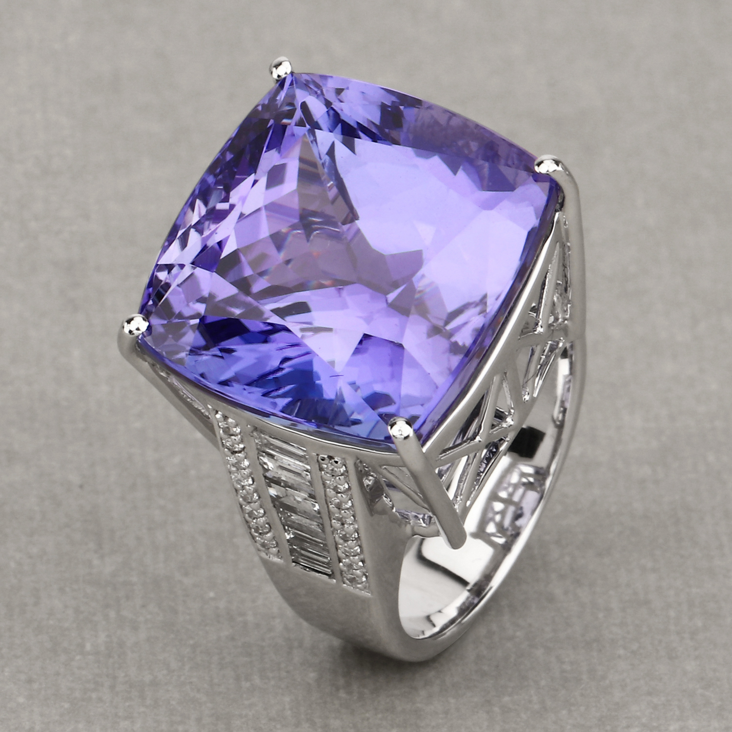 40.19 Carat Genuine Tanzanite and White Diamond 18K White Gold Ring