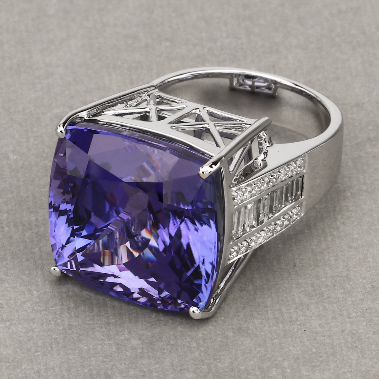 40.19 Carat Genuine Tanzanite and White Diamond 18K White Gold Ring