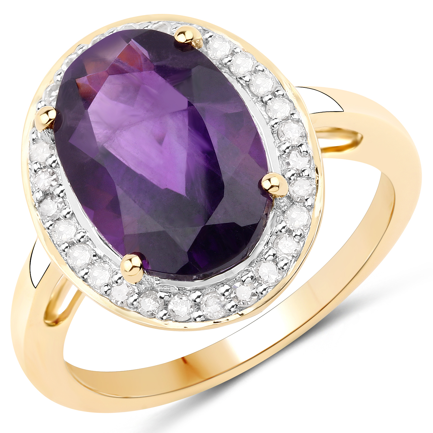 4.66 Carat Genuine Amethyst and White Diamond 14K Yellow Gold Ring