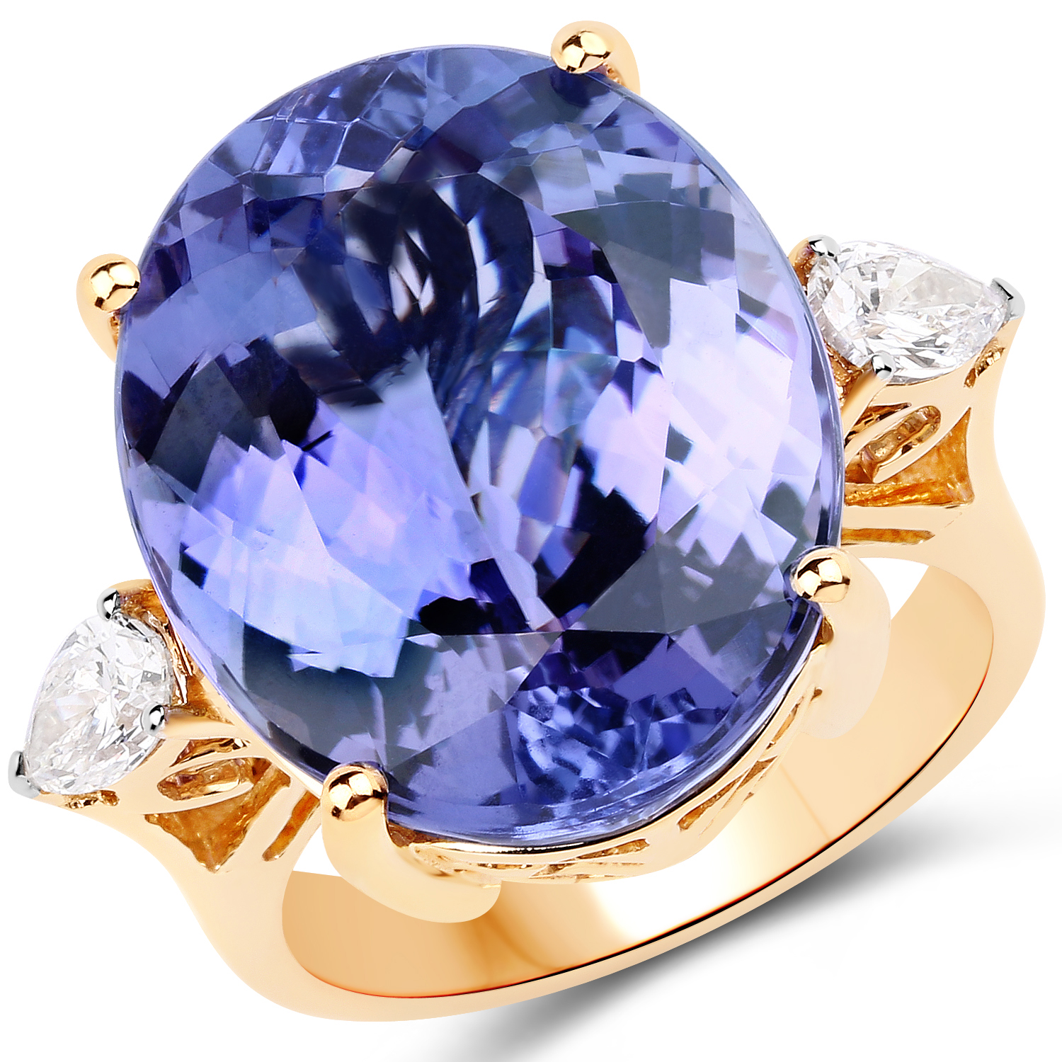 22.95 Carat Genuine Tanzanite and White Diamond 18K Yellow Gold Ring