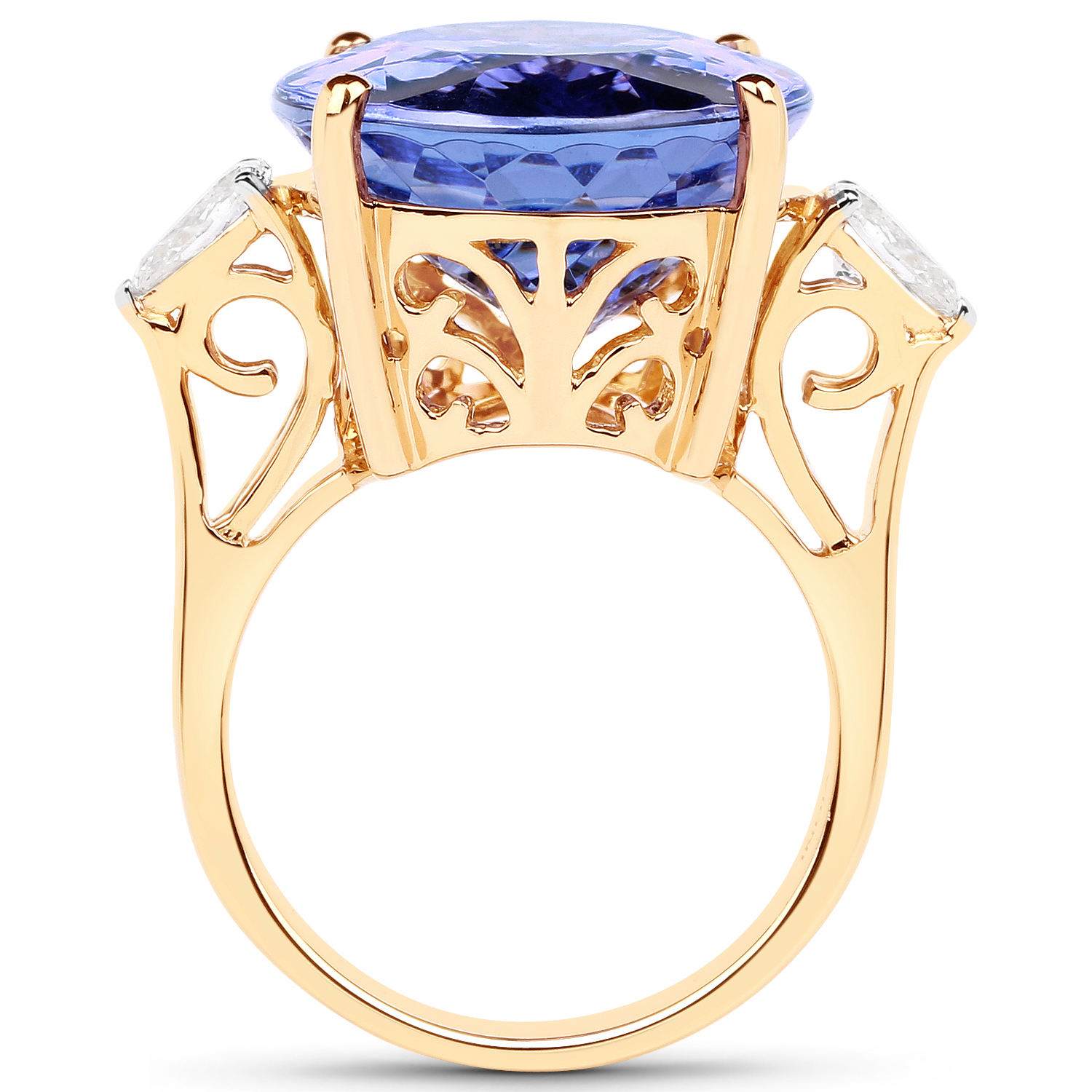 22.95 Carat Genuine Tanzanite and White Diamond 18K Yellow Gold Ring