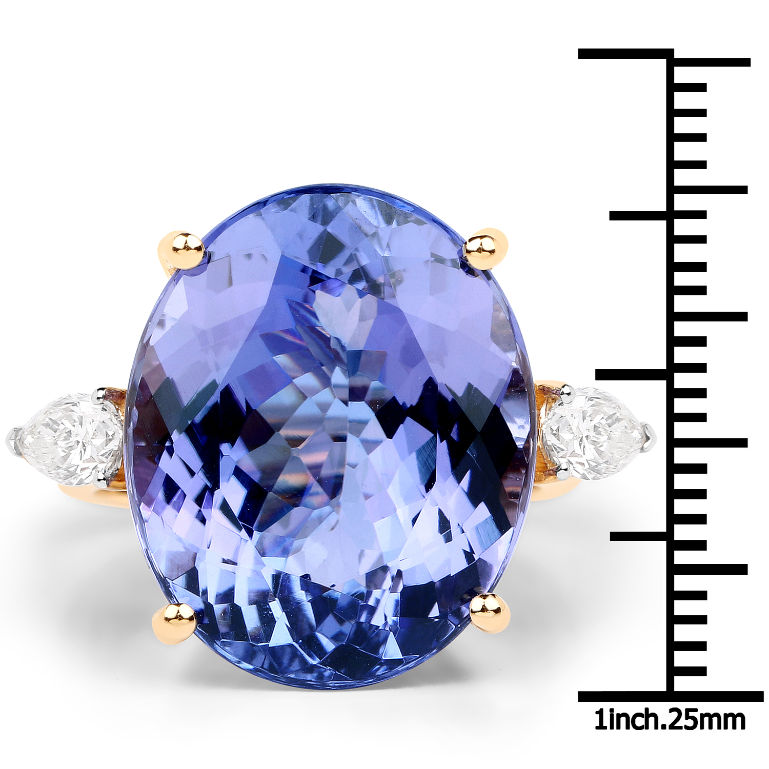 22.95 Carat Genuine Tanzanite and White Diamond 18K Yellow Gold Ring
