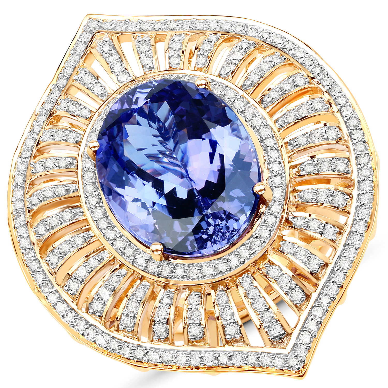 17.85 Carat Genuine Tanzanite and White Diamond 18K Yellow Gold Ring