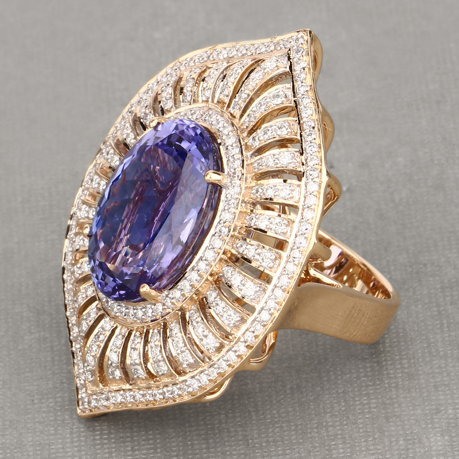 17.85 Carat Genuine Tanzanite and White Diamond 18K Yellow Gold Ring
