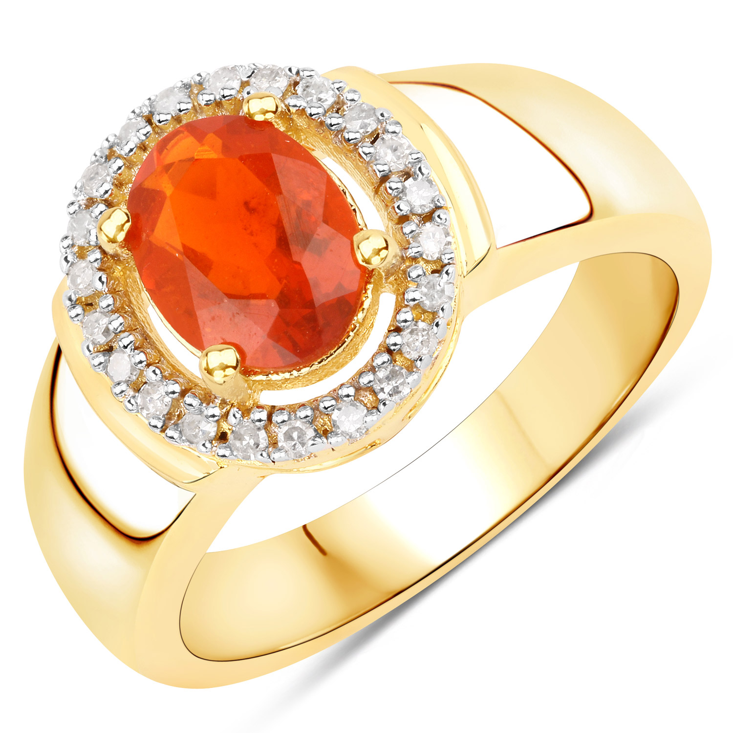 0.92 Carat Genuine Fire Opal and White Diamond .925 Sterling Silver Ring