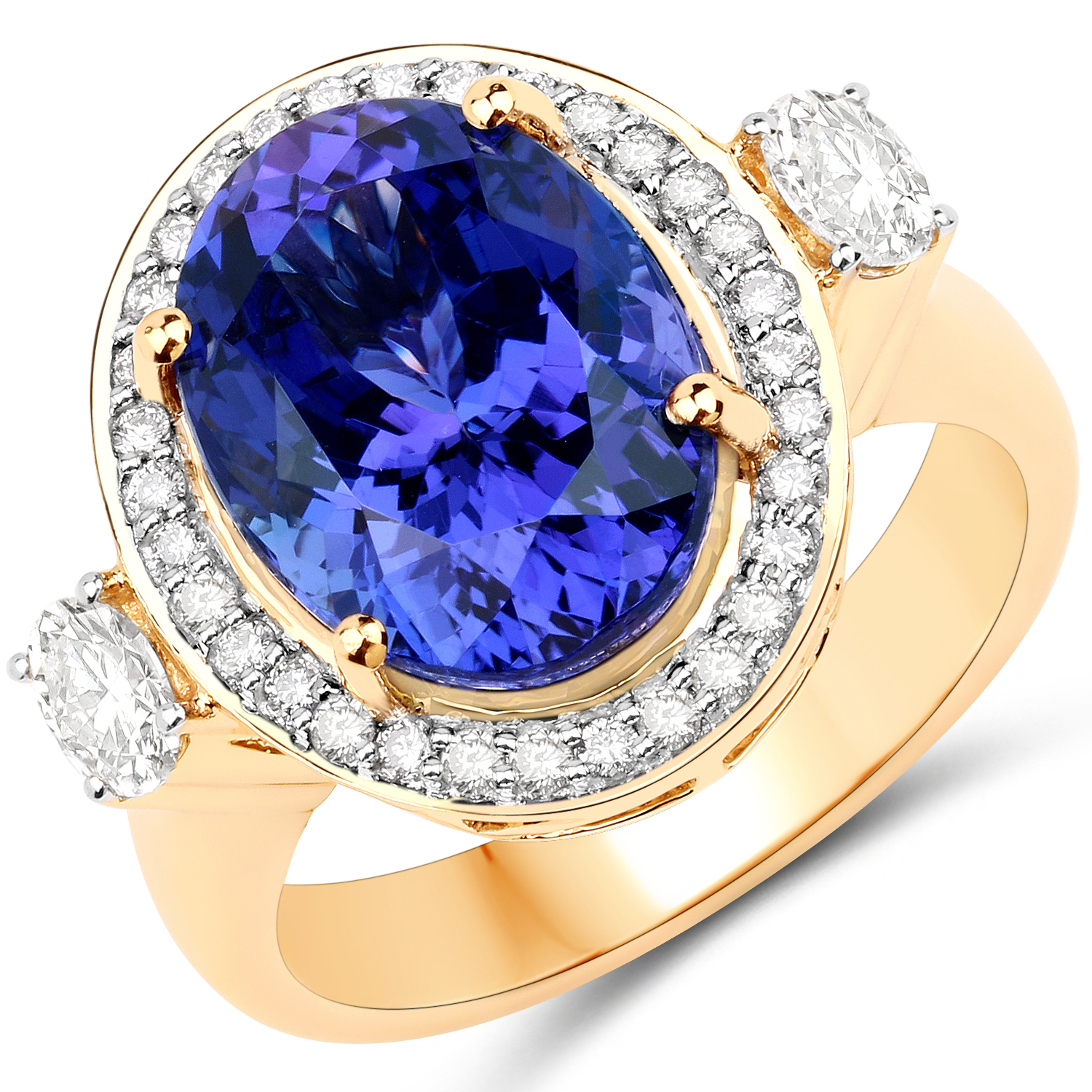 8.77 Carat Genuine Tanzanite and White Diamond 18K Yellow Gold Ring
