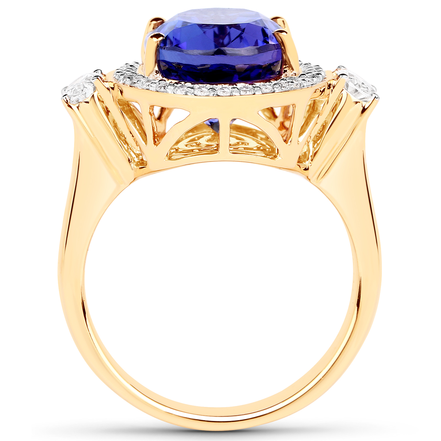 8.77 Carat Genuine Tanzanite and White Diamond 18K Yellow Gold Ring