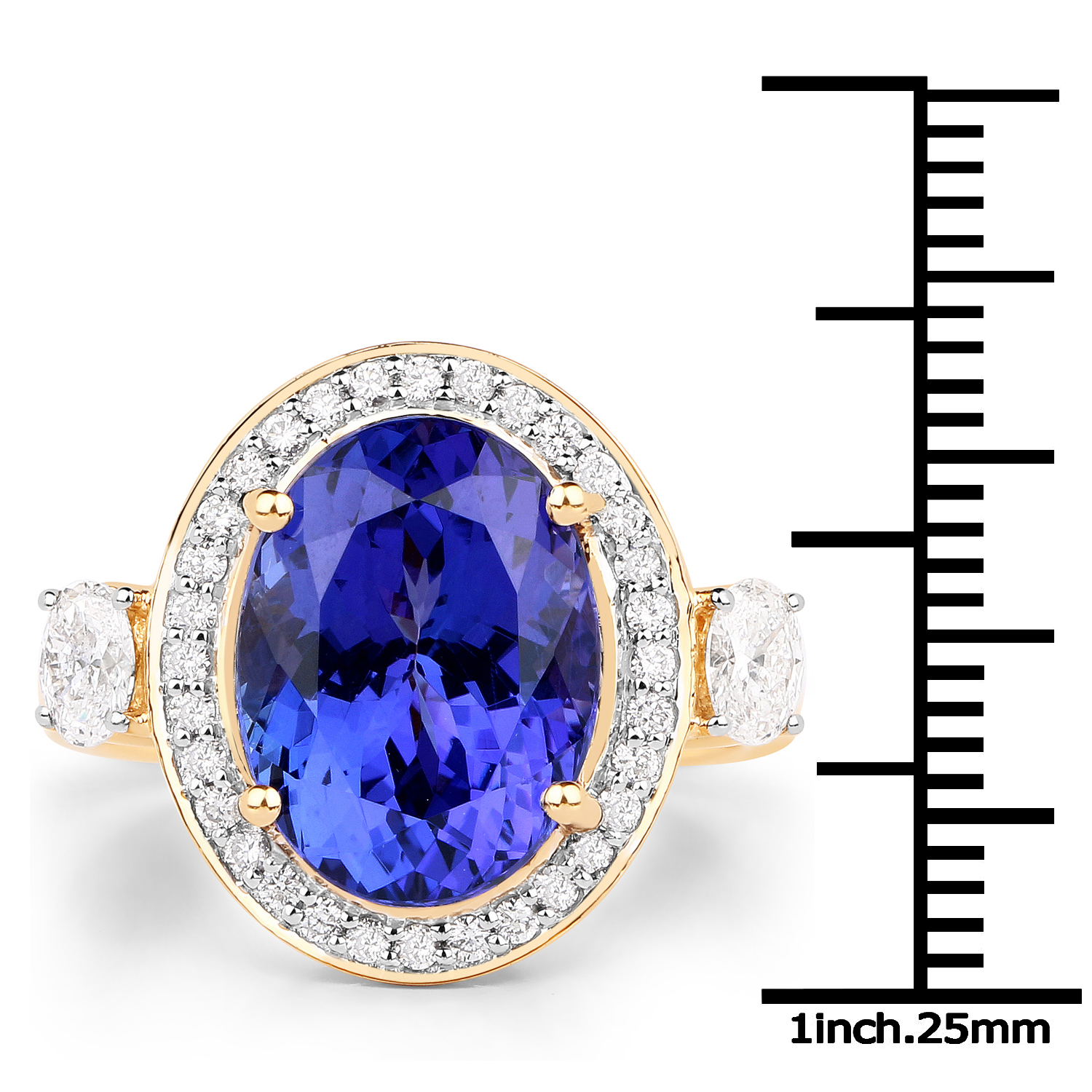 8.77 Carat Genuine Tanzanite and White Diamond 18K Yellow Gold Ring