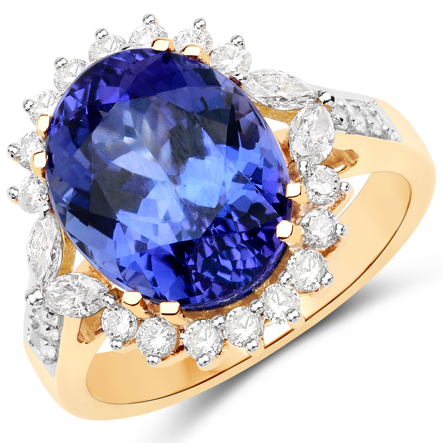 9.46 Carat Genuine Tanzanite and White Diamond 18K Yellow Gold Ring