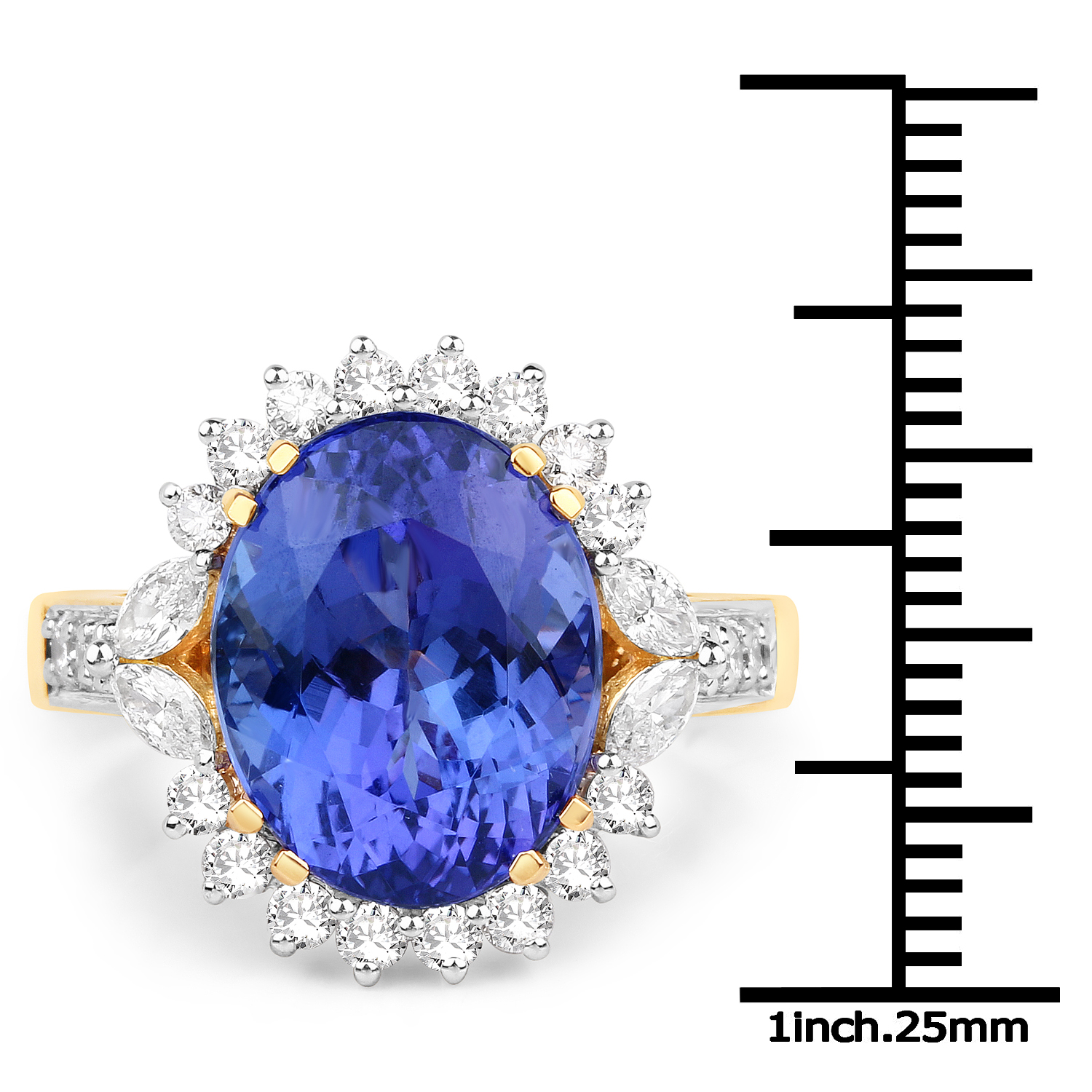 9.46 Carat Genuine Tanzanite and White Diamond 18K Yellow Gold Ring