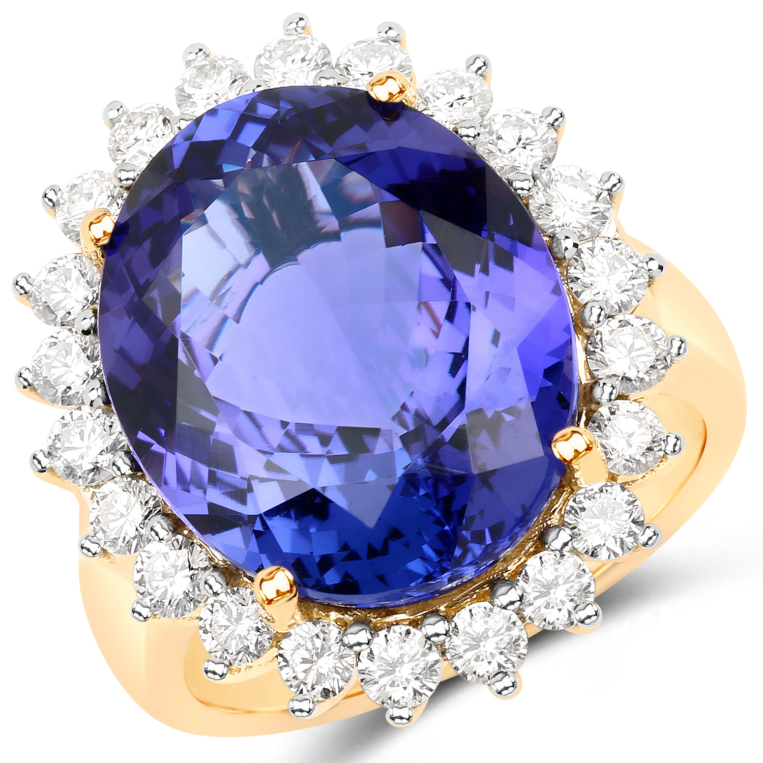 16.27 Carat Genuine Tanzanite and White Diamond 18K Yellow Gold Ring