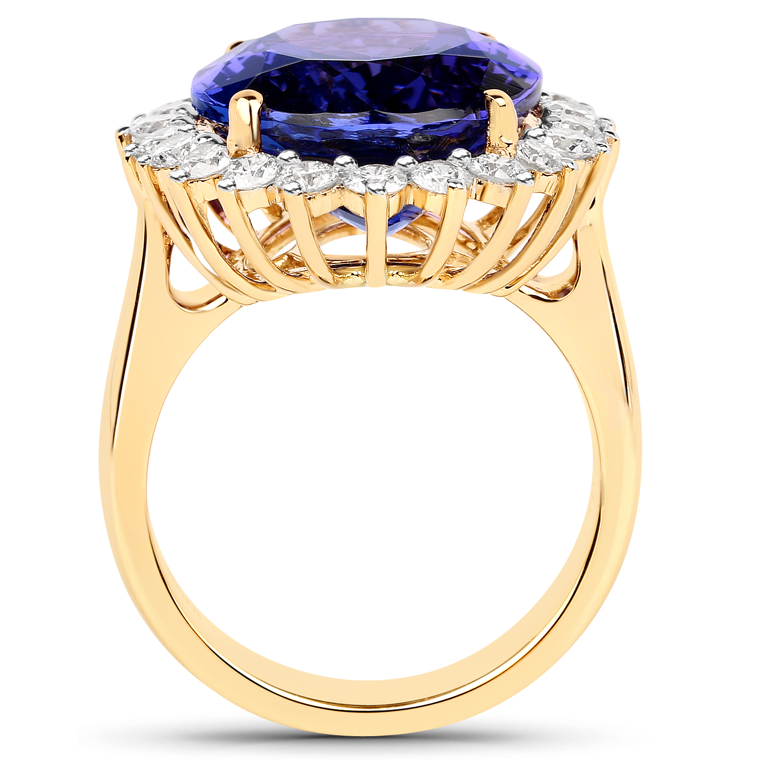 16.27 Carat Genuine Tanzanite and White Diamond 18K Yellow Gold Ring